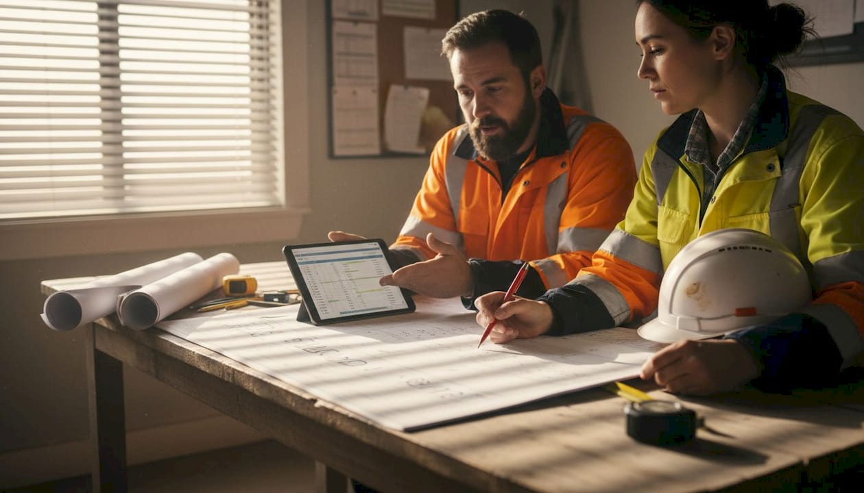 Construction team reviewing project plans together