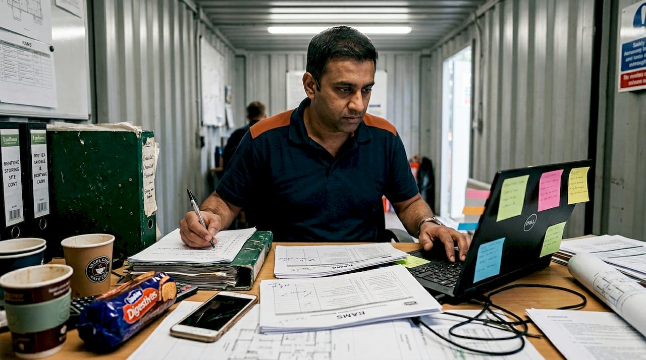 Builder organises construction documents in site office