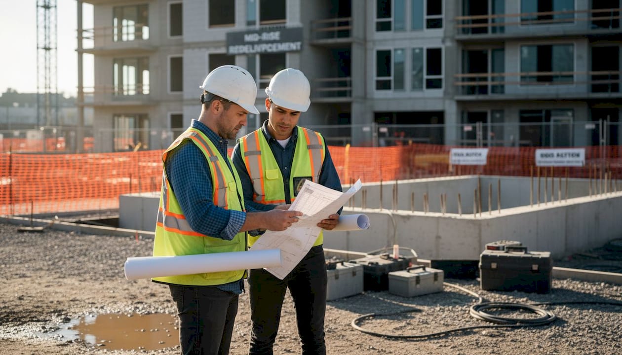 Construction manager reviews tasks on active site
