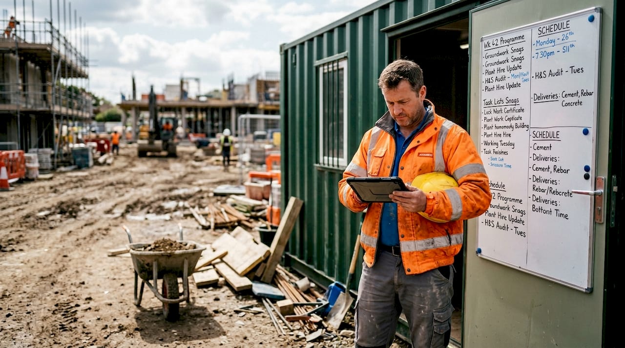 UK site manager reviews plans onsite