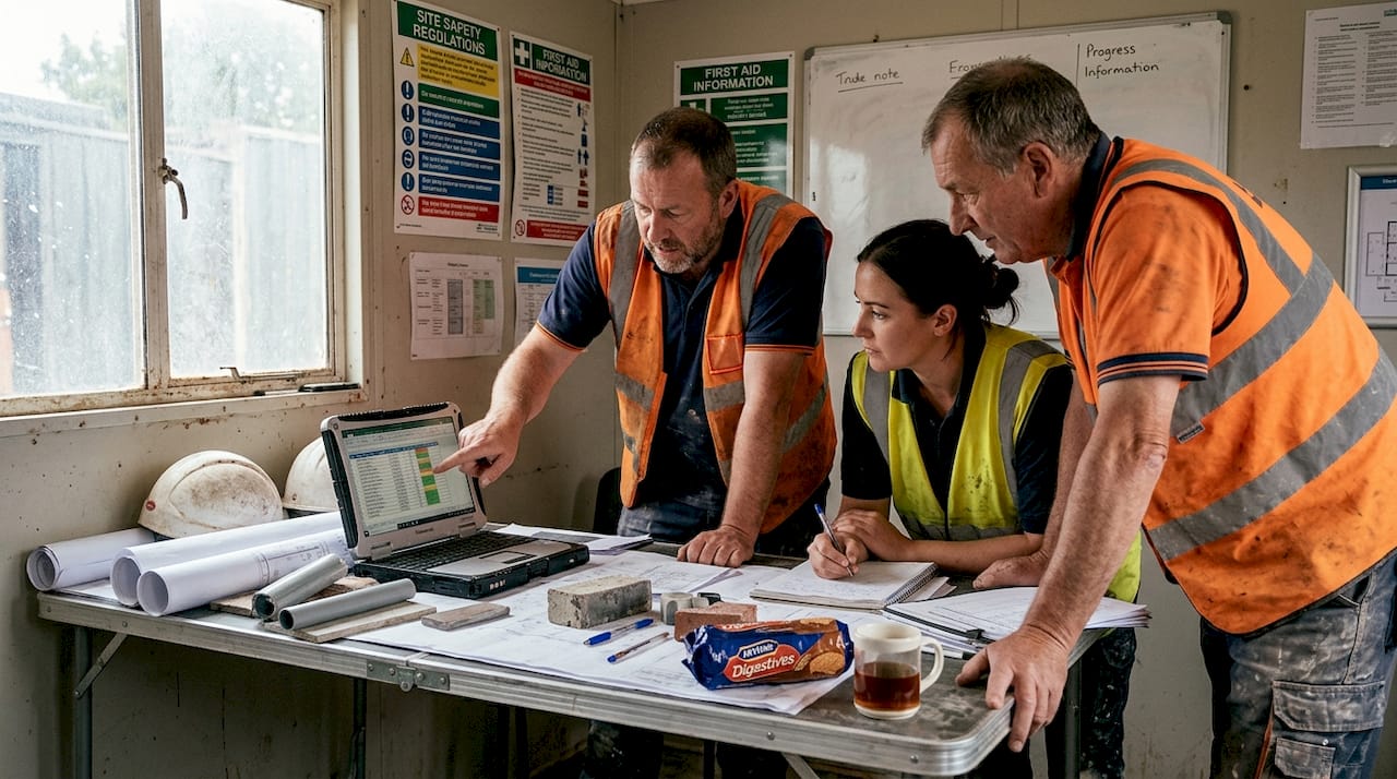 Construction supervisors reviewing project app data