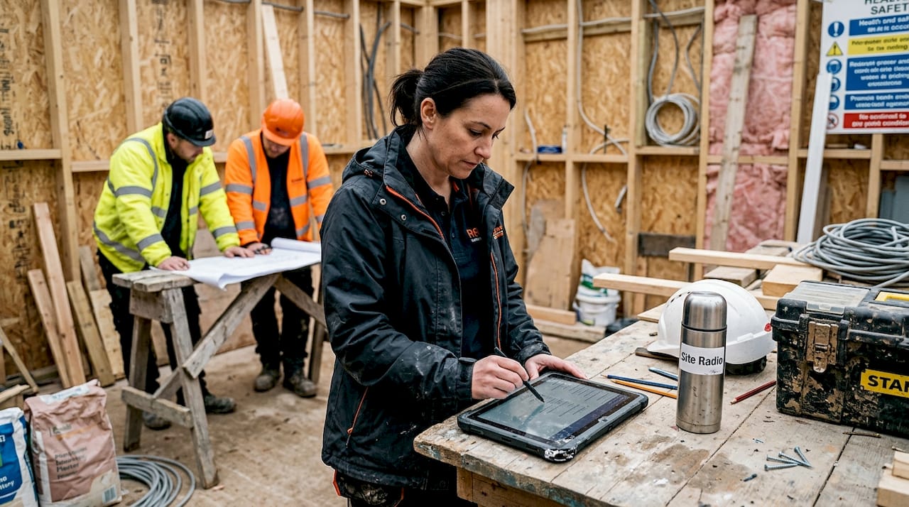 Construction manager using mobile app onsite
