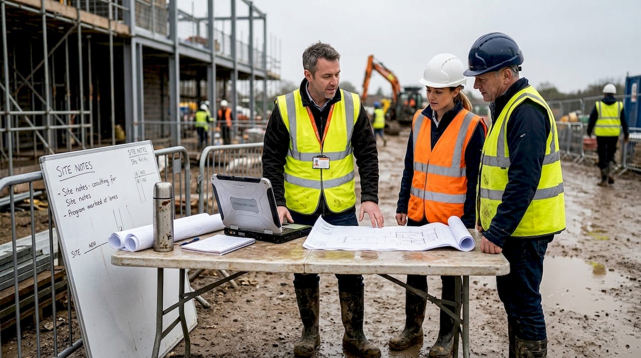 Project manager reviews plans with engineers onsite