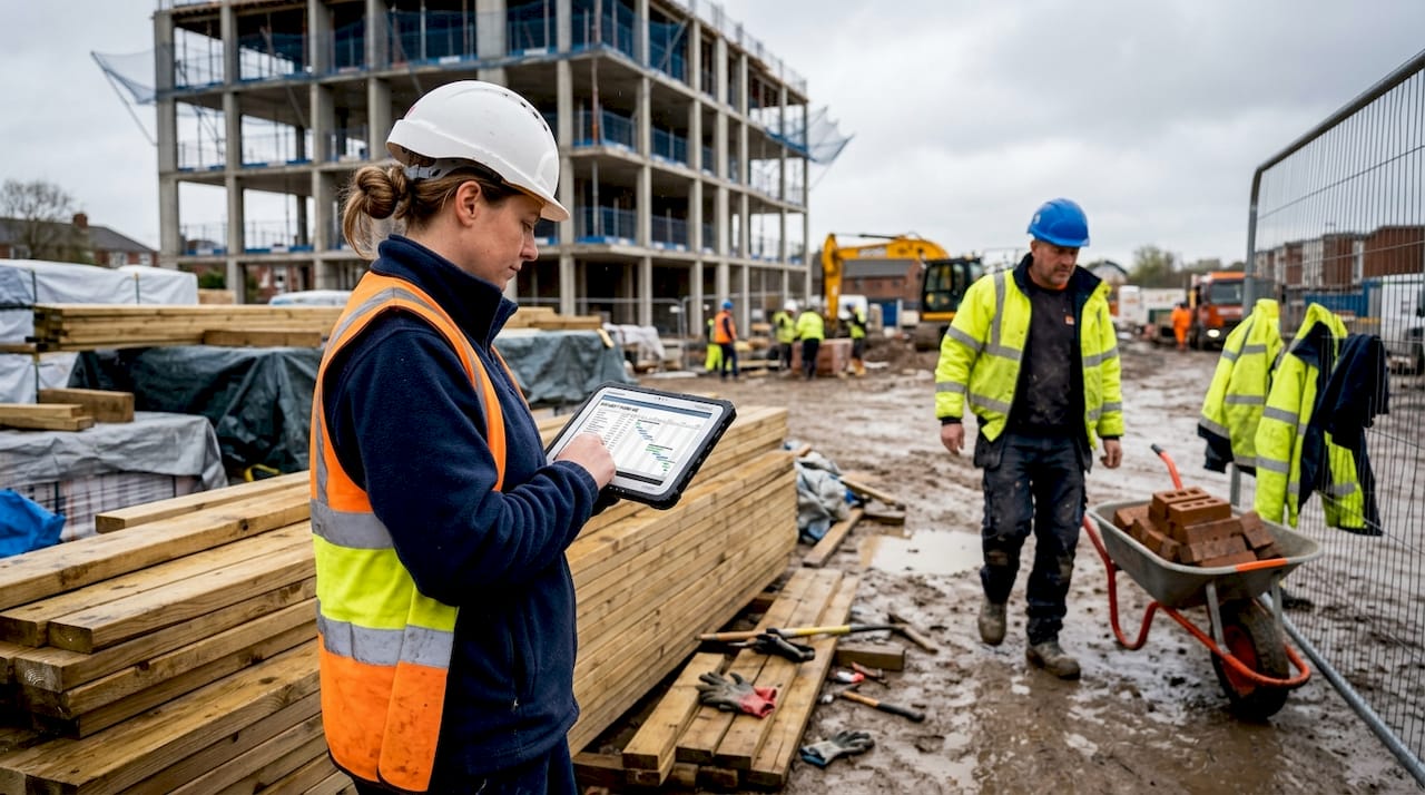 Female foreman uses digital tablet on site