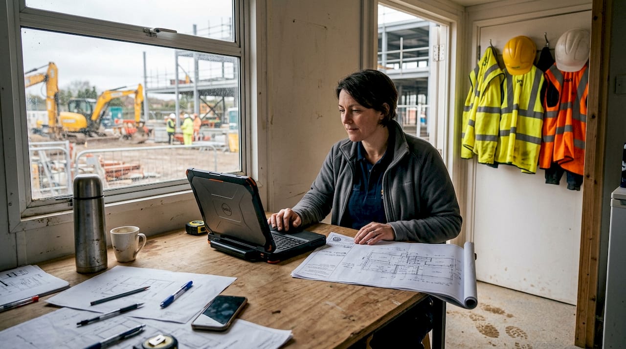 Construction coordinator video calls from site office