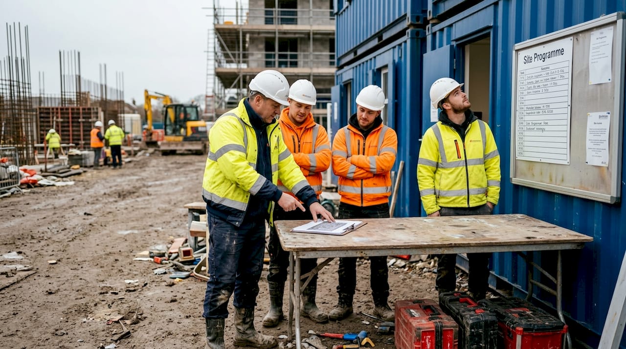 UK construction team holding site meeting outdoors