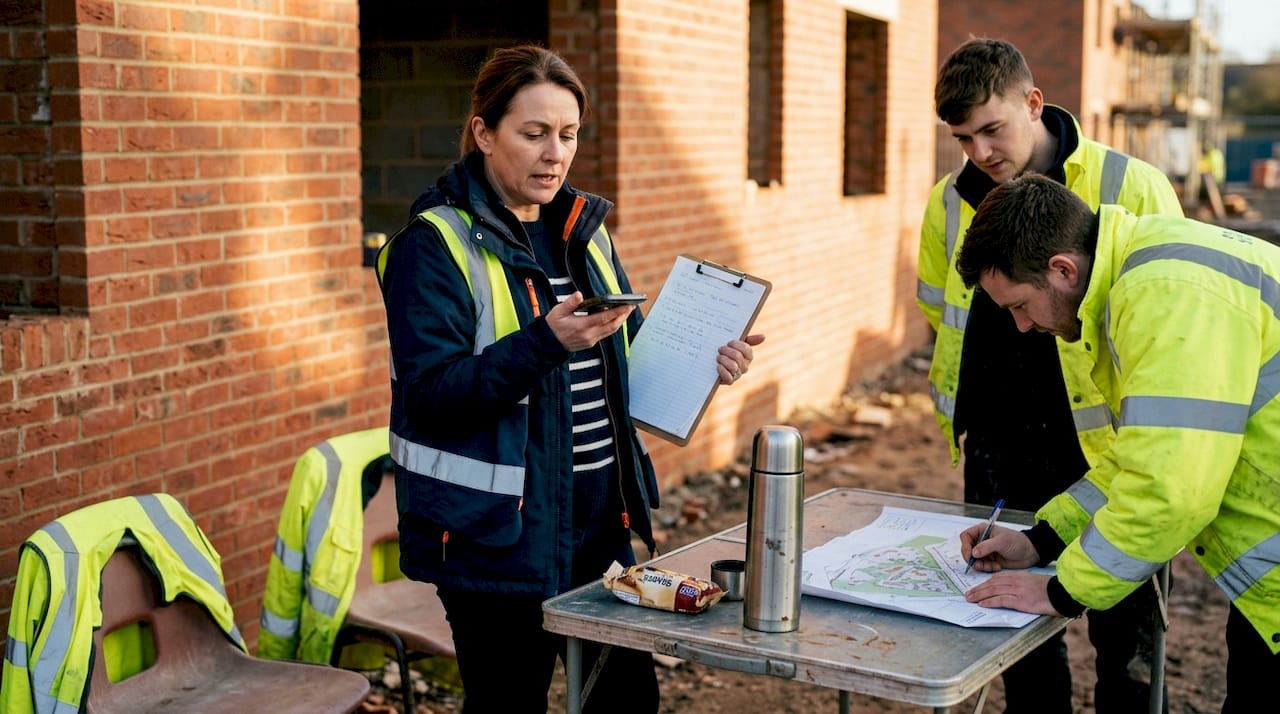Team coordinating construction tasks outdoors