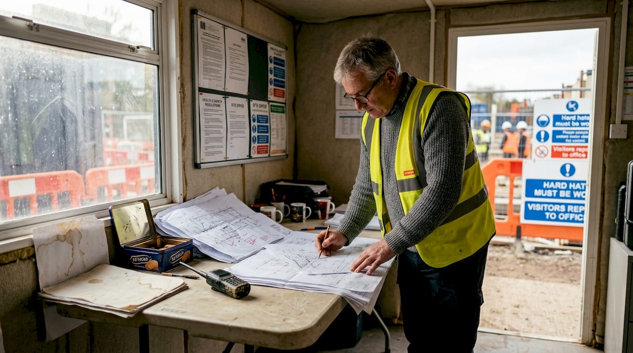 Site manager checking paper drawings in site office