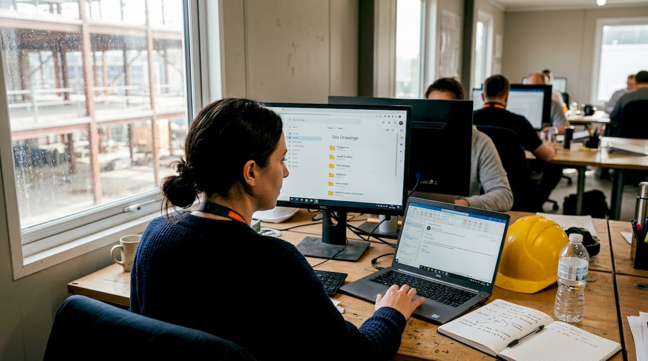 Coordinator reviewing digital plans in site office