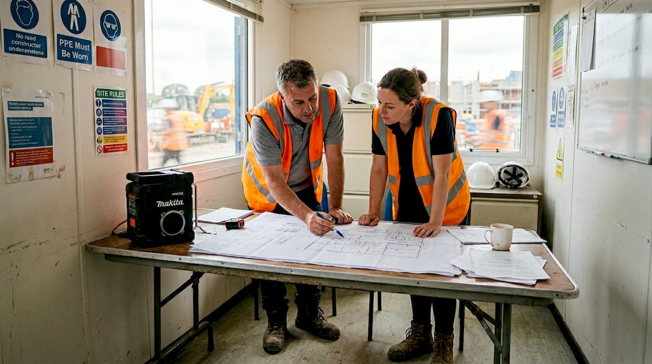 Project managers review blueprints in site office