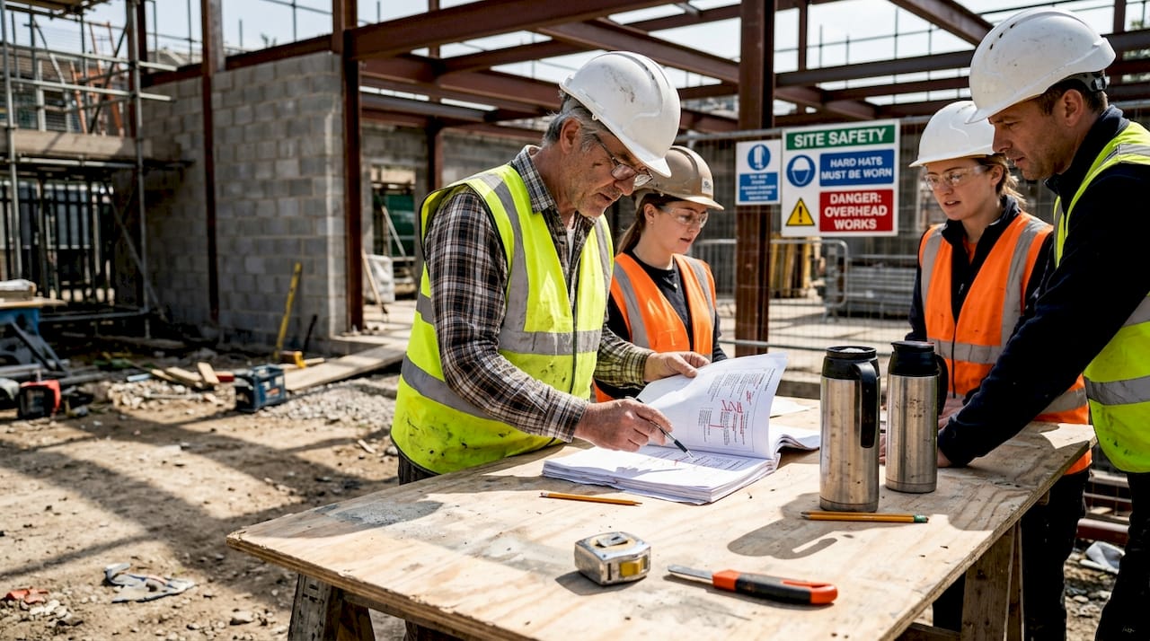 Construction manager reviewing site updates with team