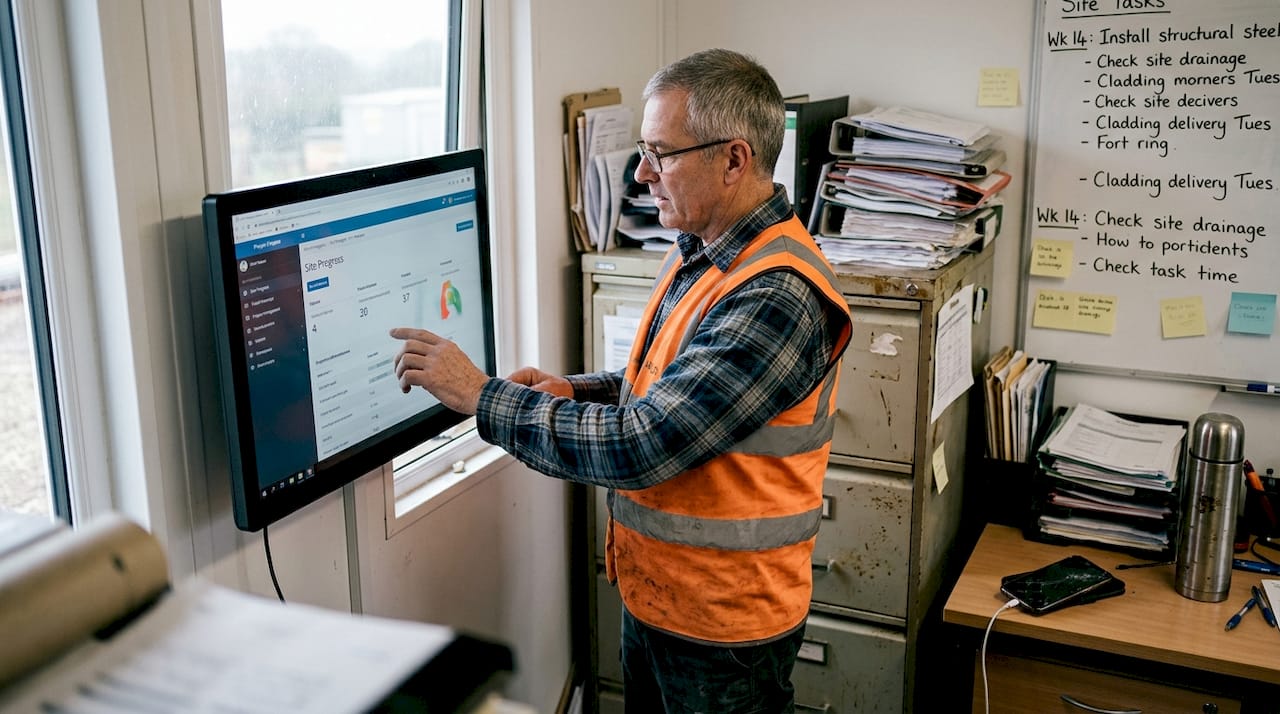 Site engineer updating live dashboard in field office