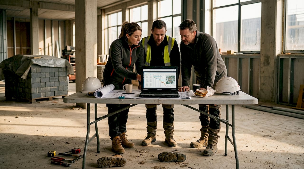 Construction team checking live digital updates on site