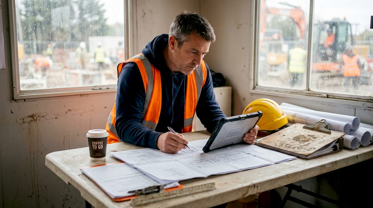 Site supervisor checking documents at construction desk