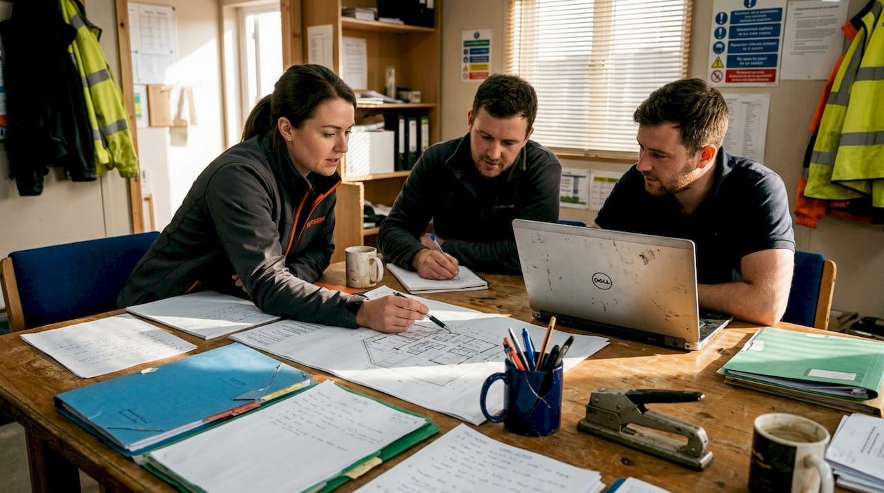 Construction team collaborating with paper and digital plans