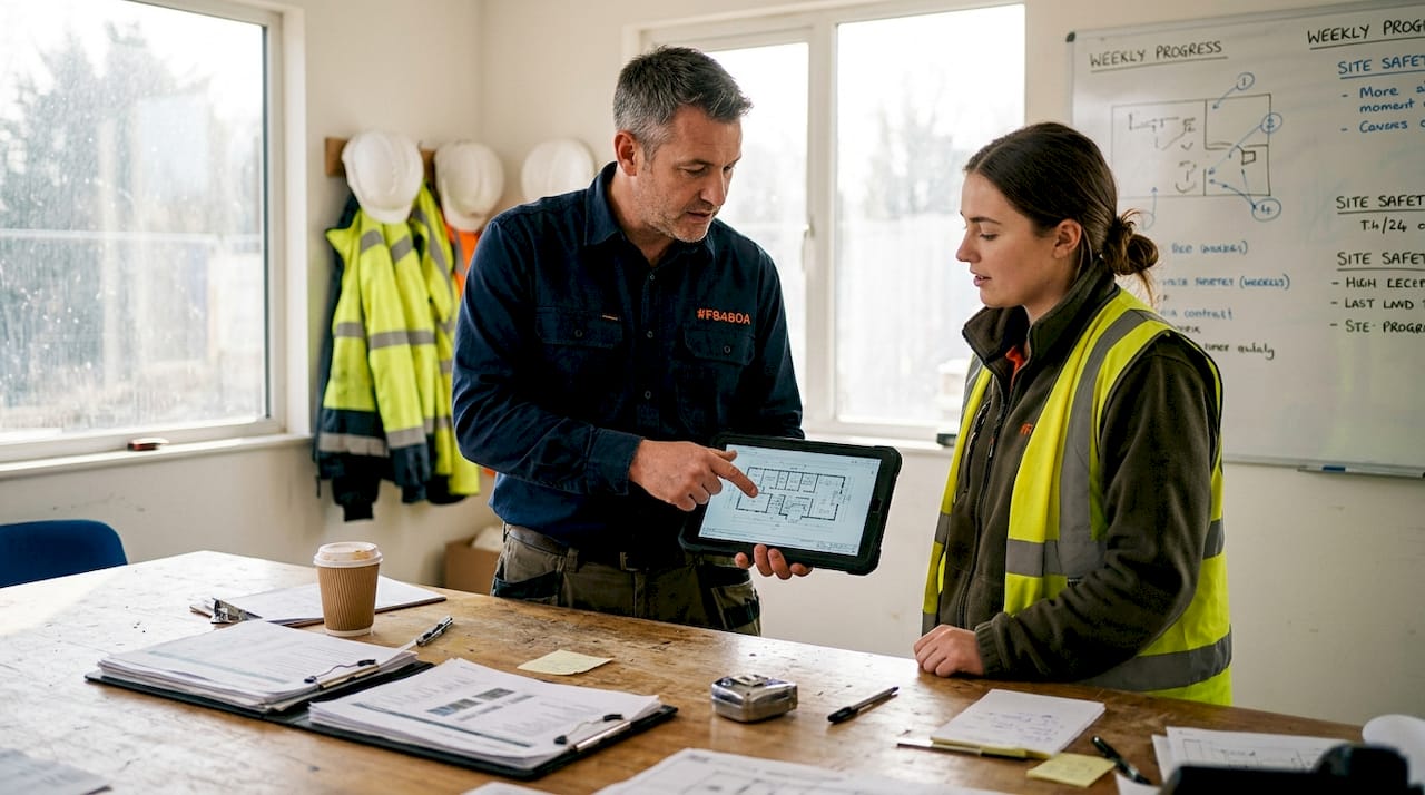 Project manager and engineer discussing digital plans