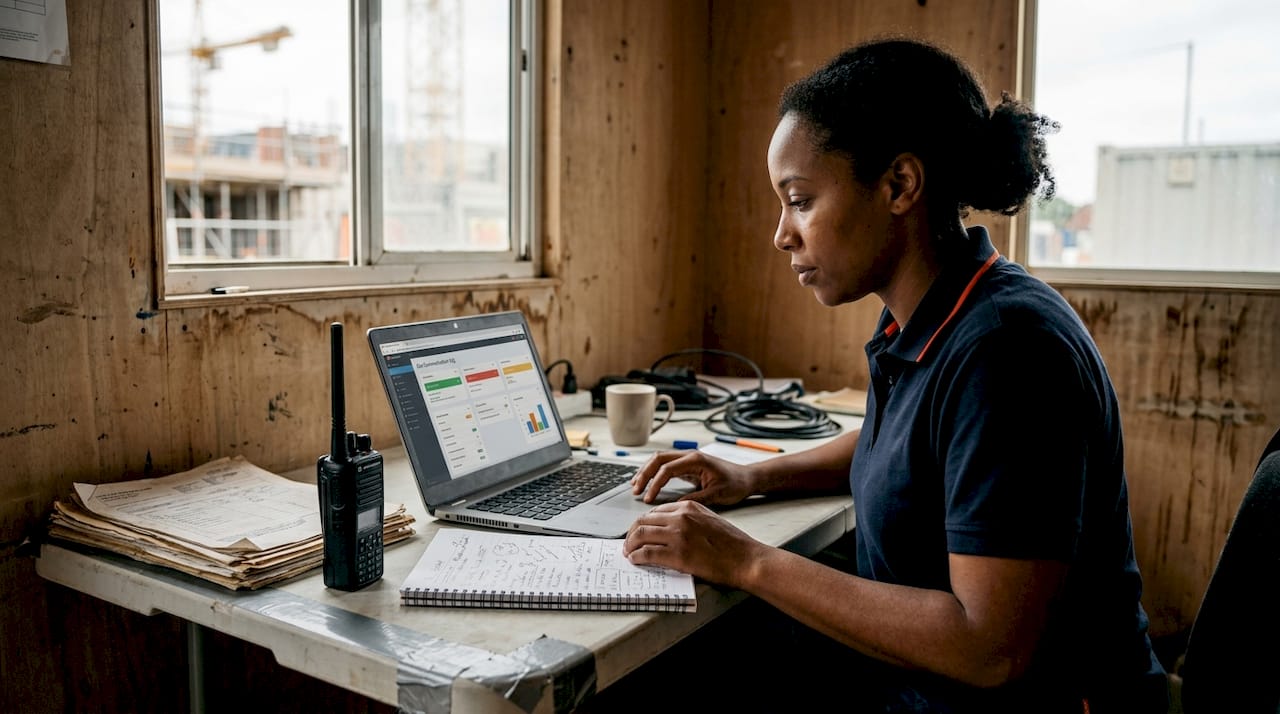 Site foreman updates project details on laptop