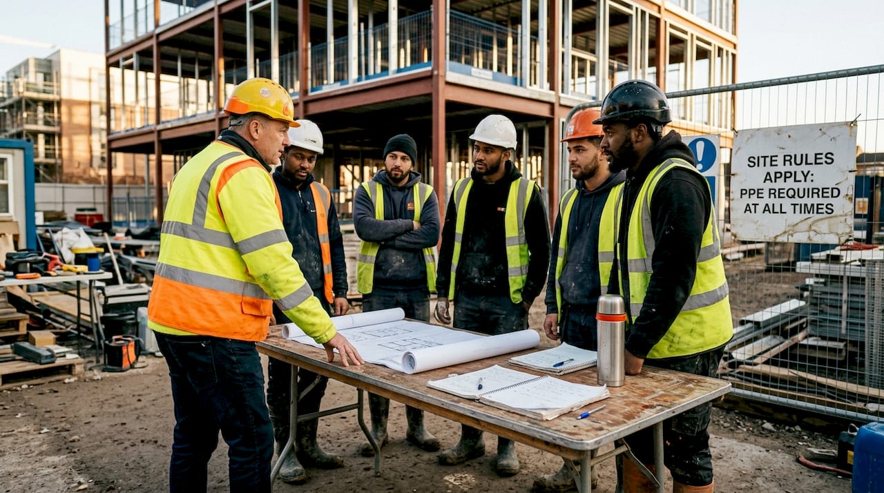 Construction manager leading team briefing outdoors