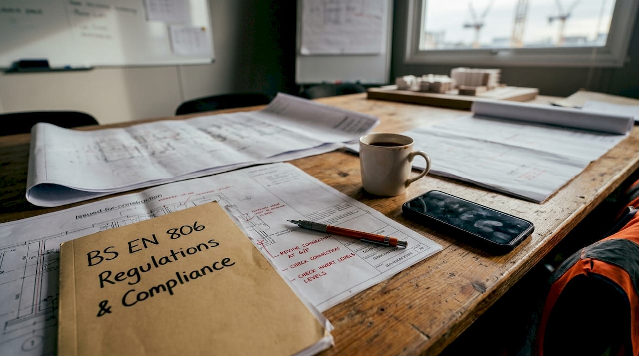 Plumbing drawings and compliance documents close-up