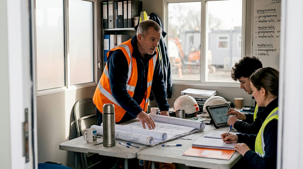 Site manager leading informal plumbing meeting