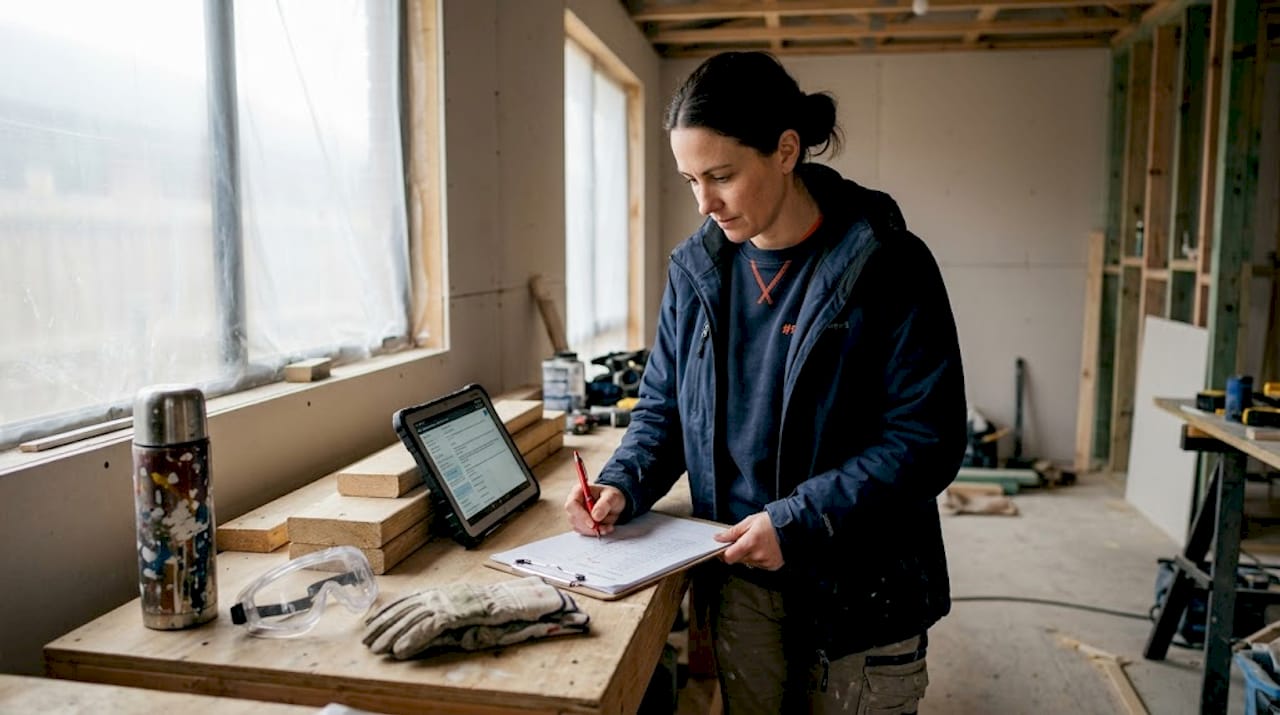 Supervisor updating checklist by construction site