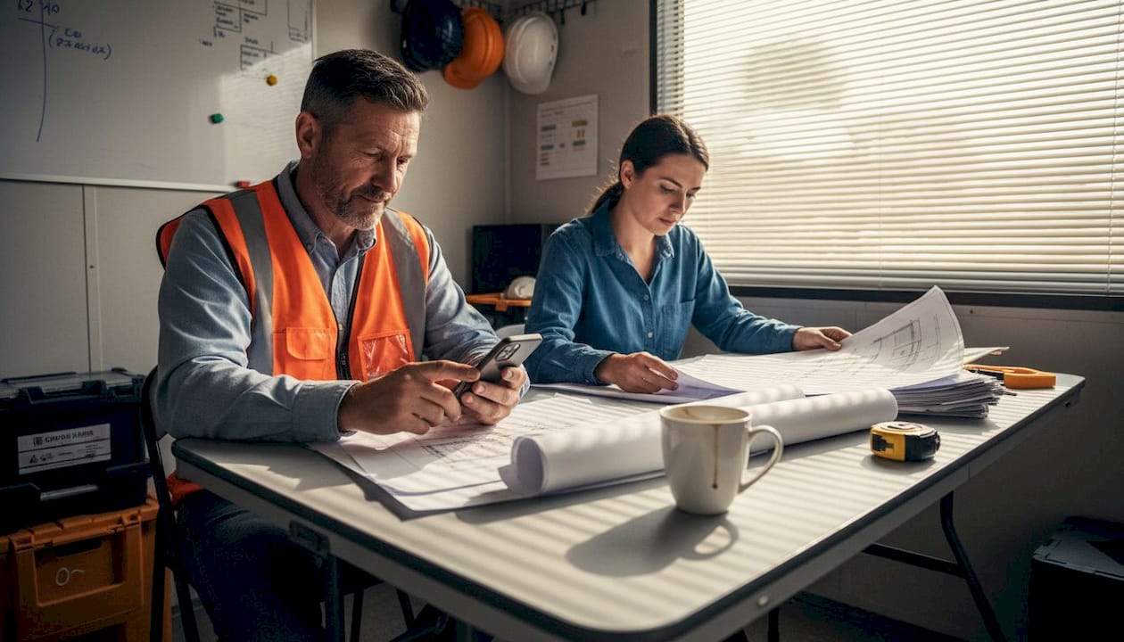Foreman and manager reviewing project feed