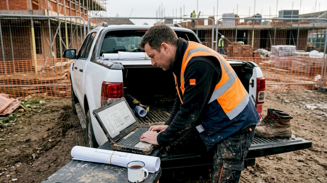 Site manager using laptop on construction site