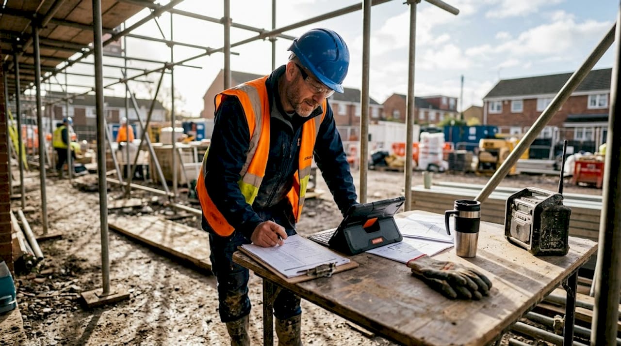 Site manager checks construction checklist on site
