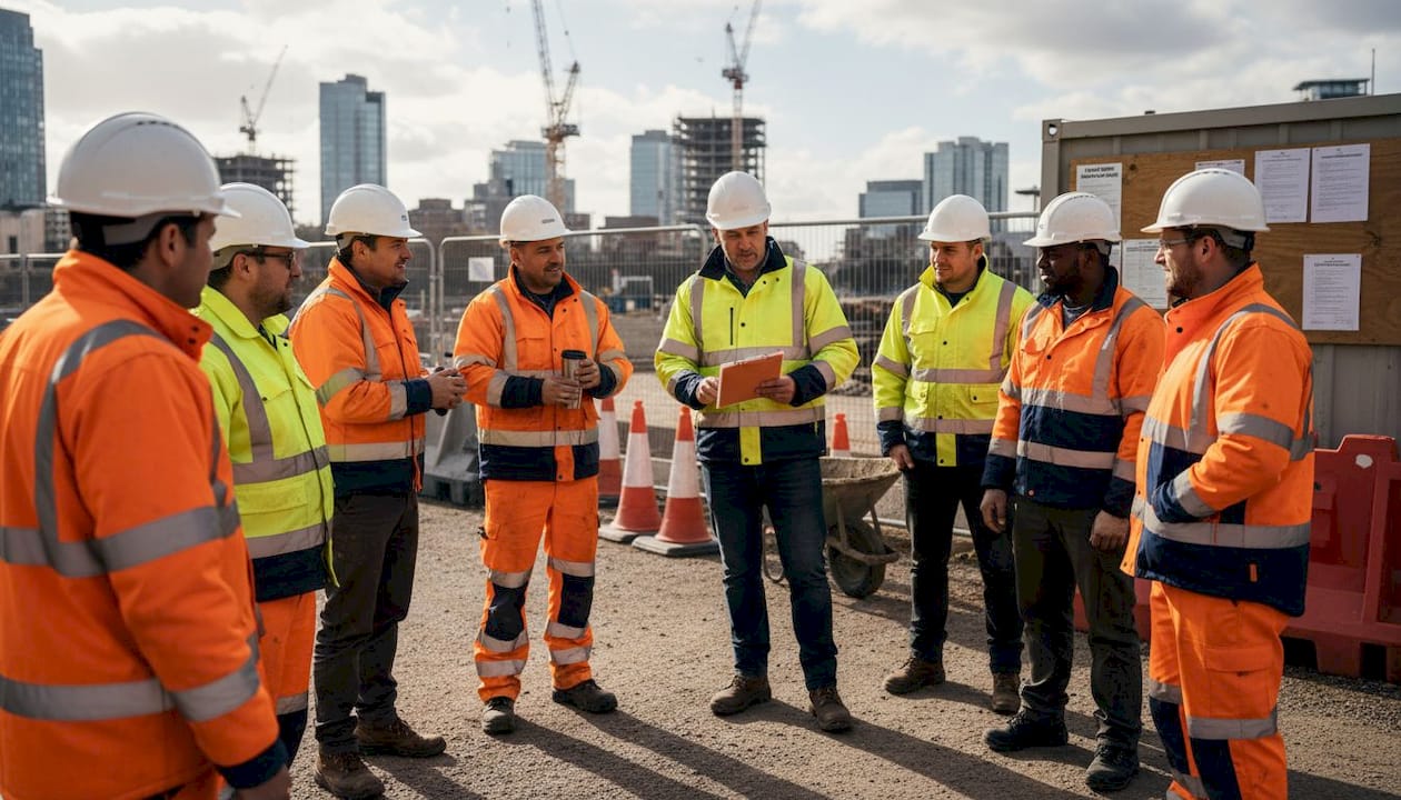 Construction team daily on-site safety briefing