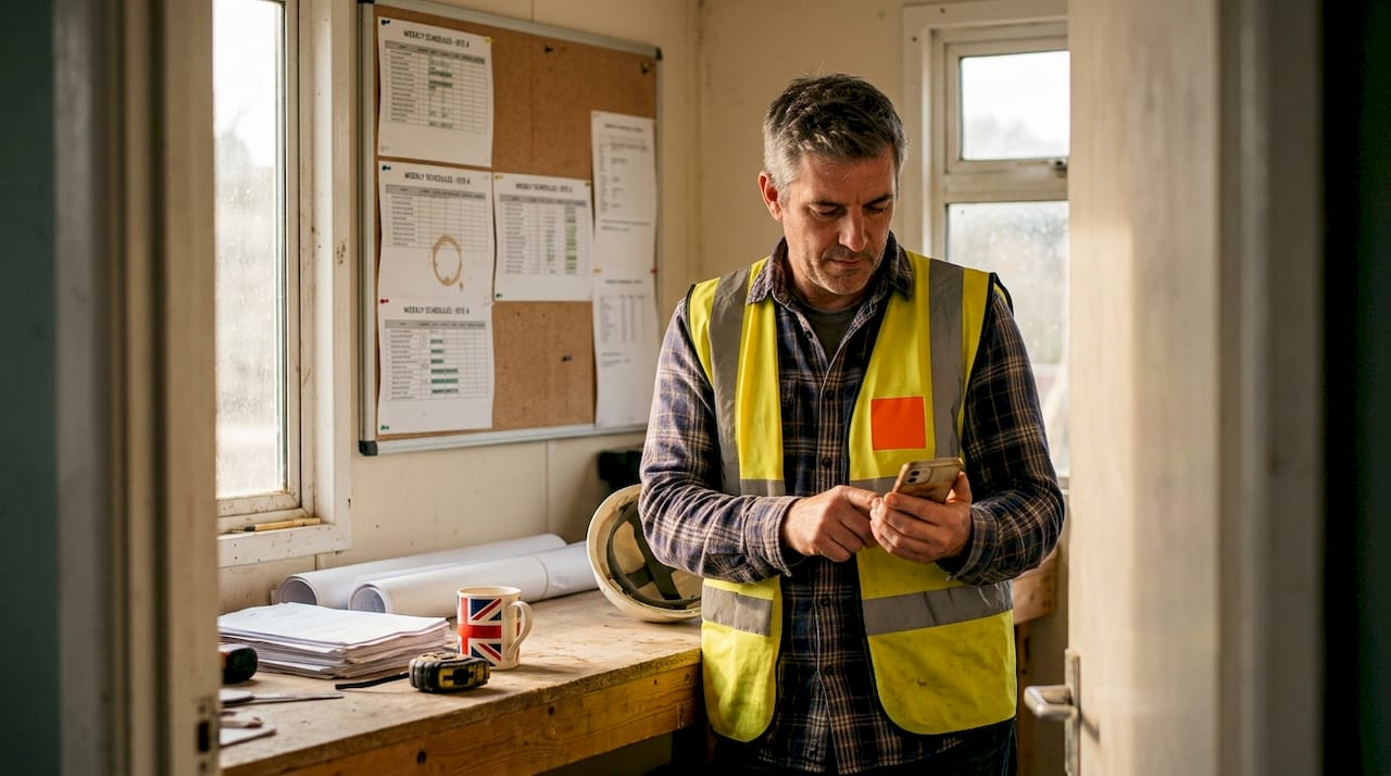 Site manager checking app in break room