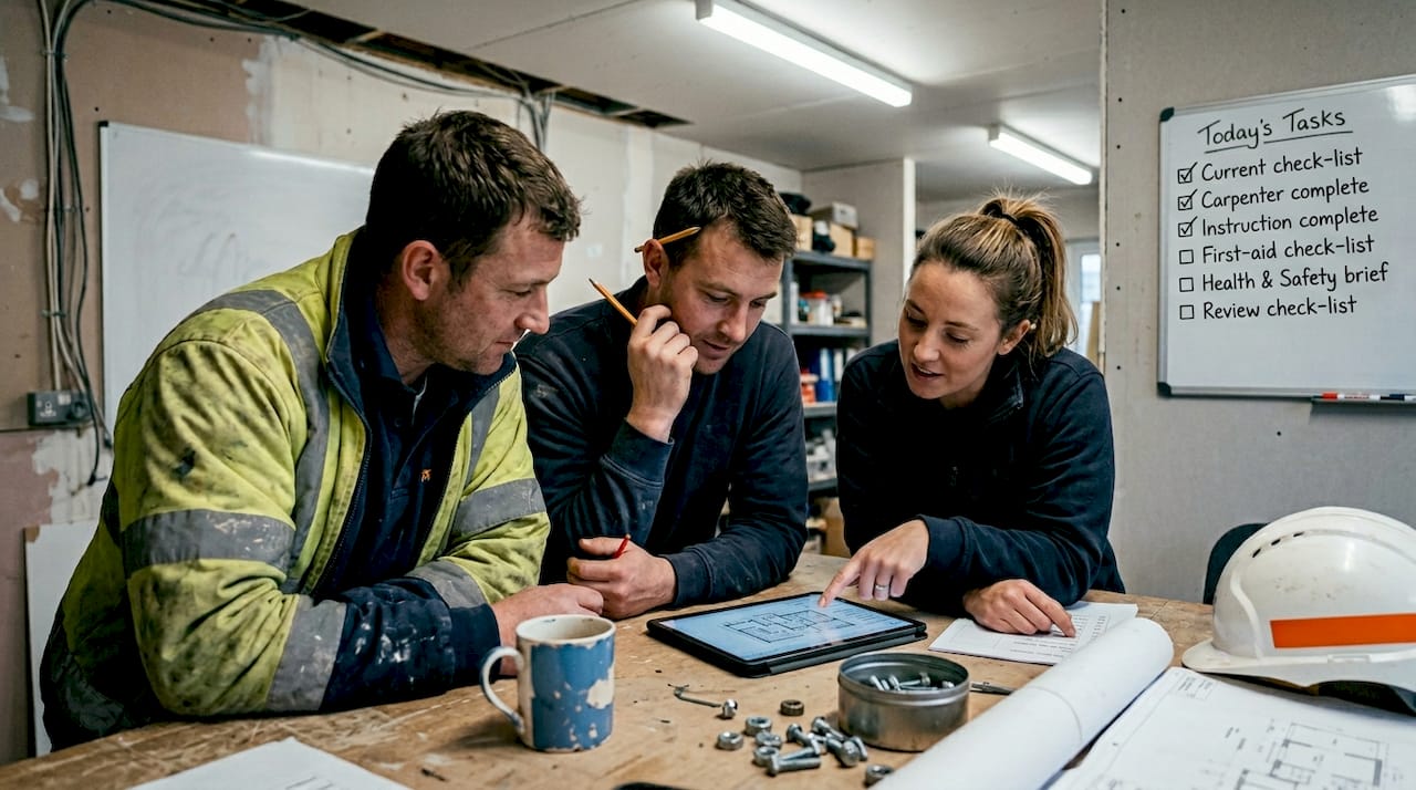 Construction workers reviewing site updates tablet