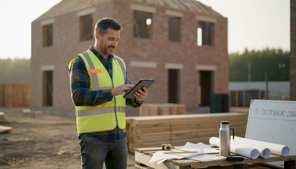 Construction manager reviewing digital plans onsite