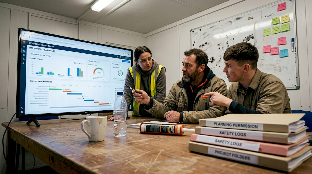 Site team reviewing digital project dashboard