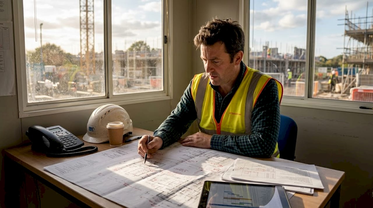 Construction manager reviewing blueprints in site office