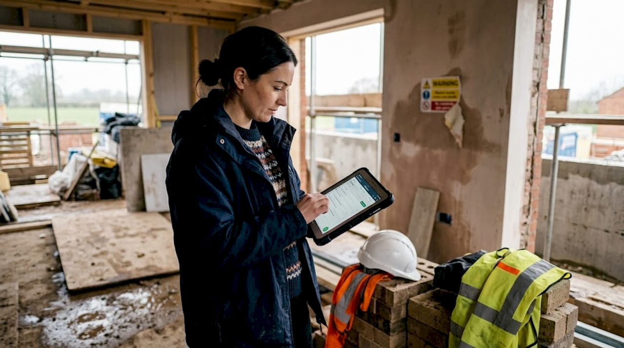 Project engineer checks tablet at job site