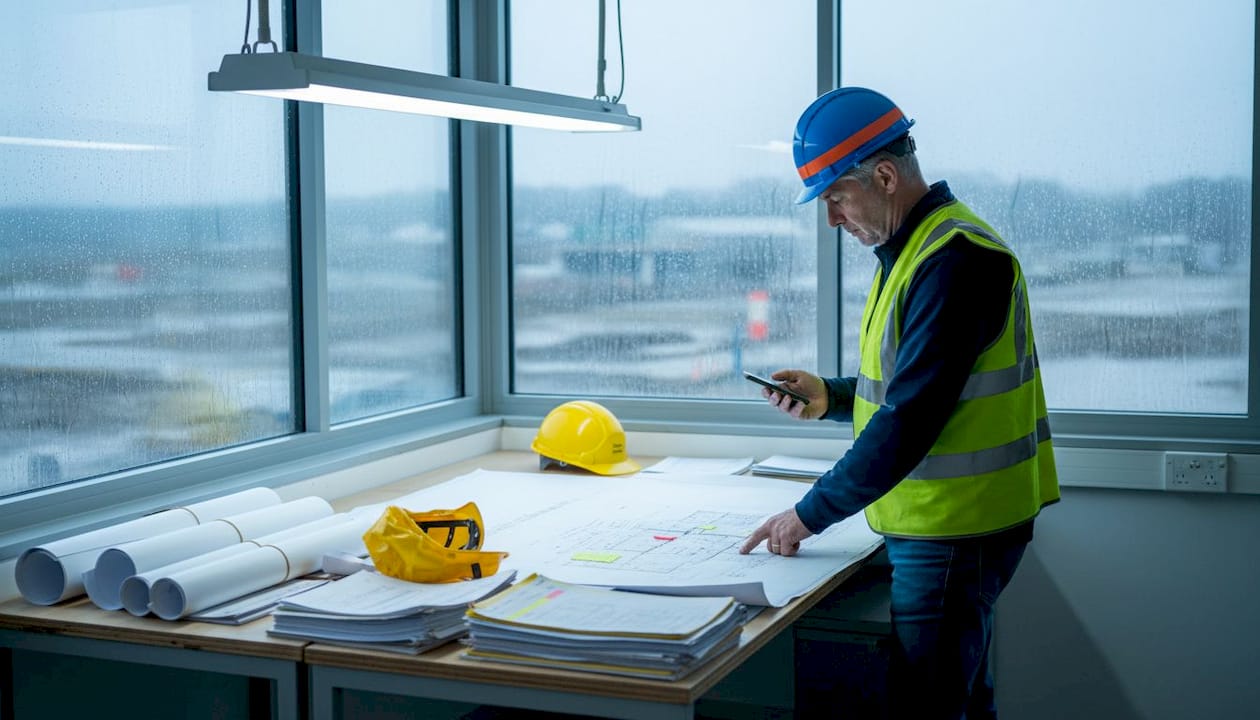 Site manager reviews plans in construction office