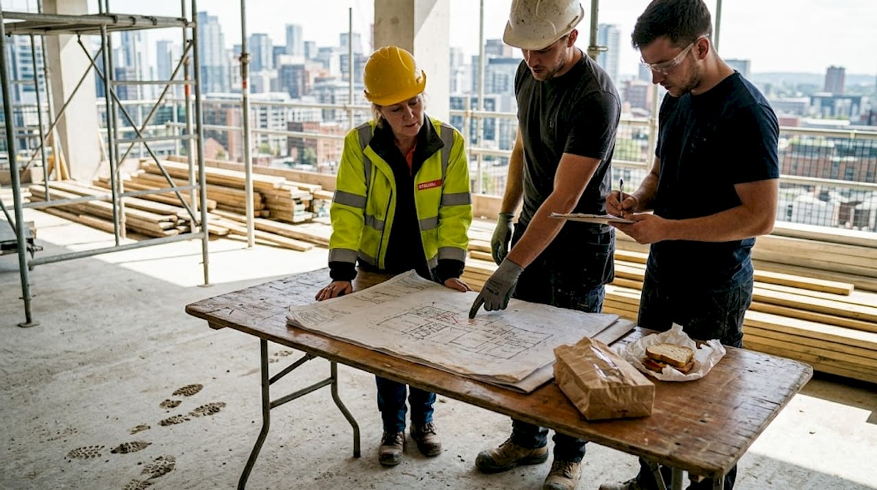 Construction team reviews blueprints on-site
