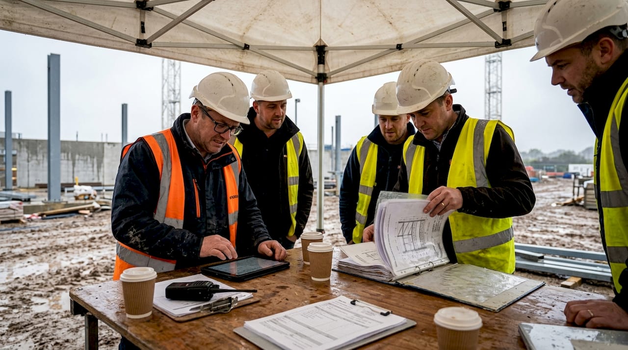 Construction team juggling emails on busy site