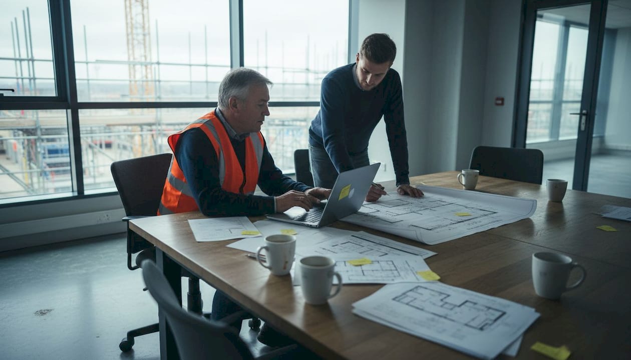 Construction team collaborates over blueprints workspace