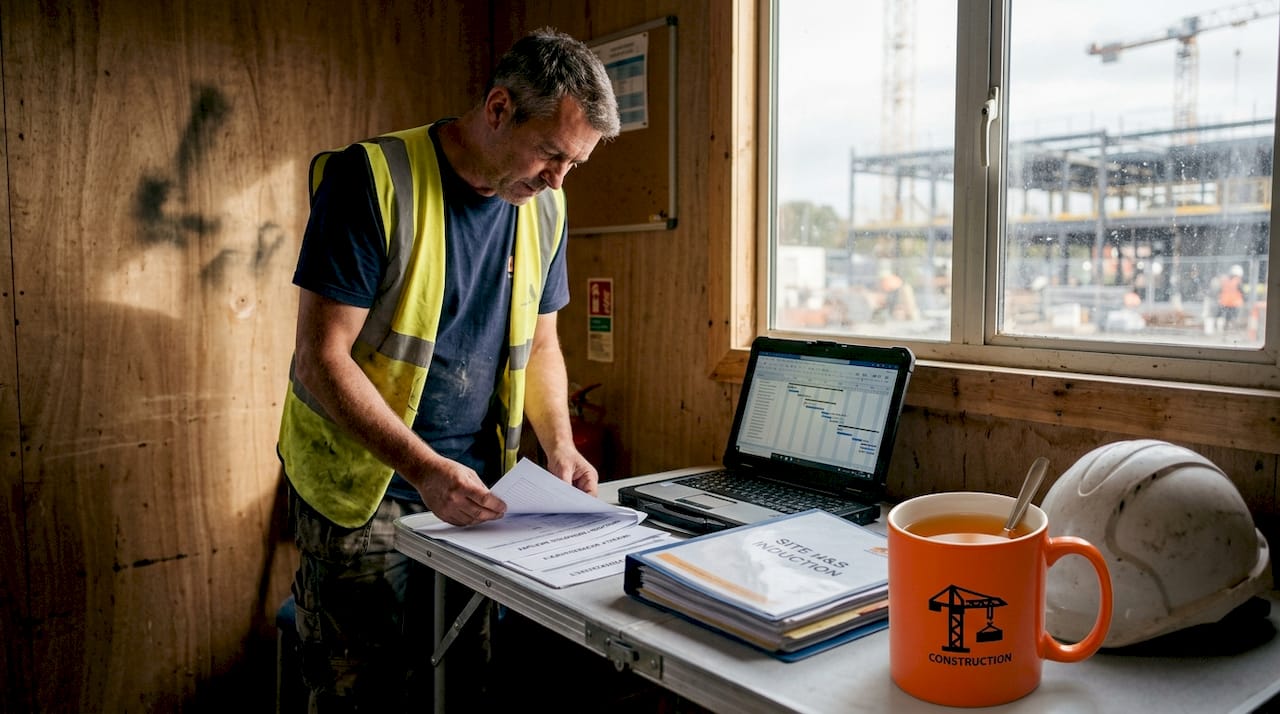 Subcontractor reviewing site planning documents
