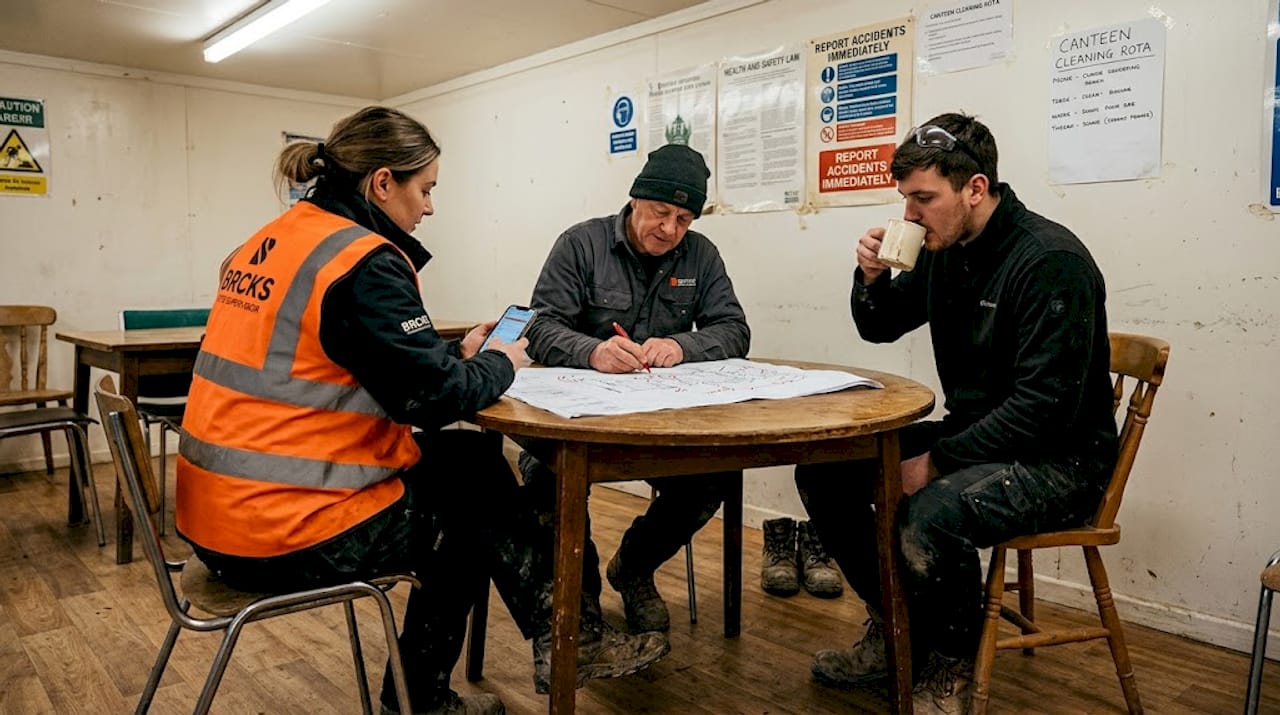 Subcontractors discussing project schedule in canteen