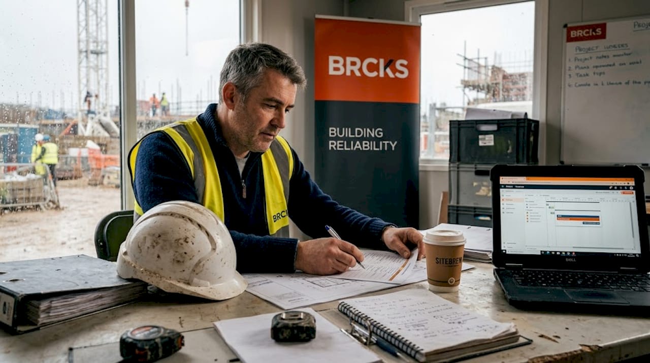 Construction manager reviews plans and task list