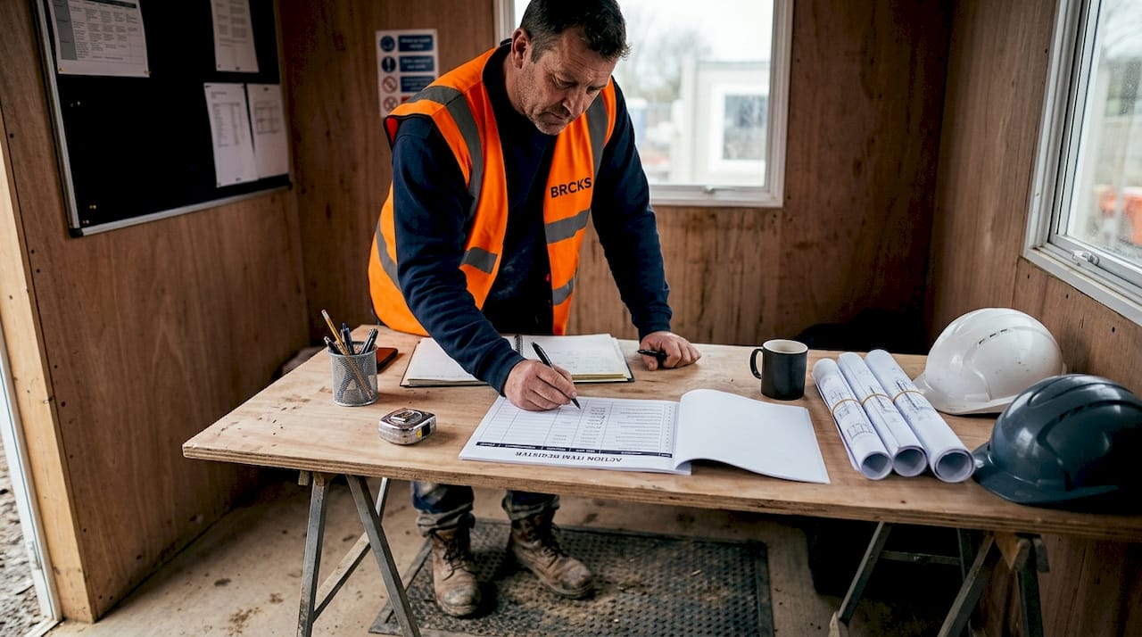 Site manager marking construction action items