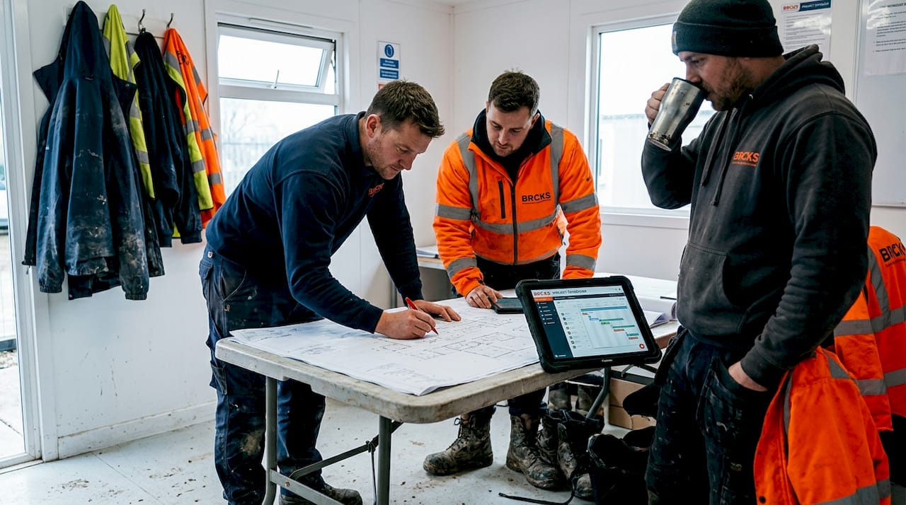 Plumbing team reviewing workflow plans