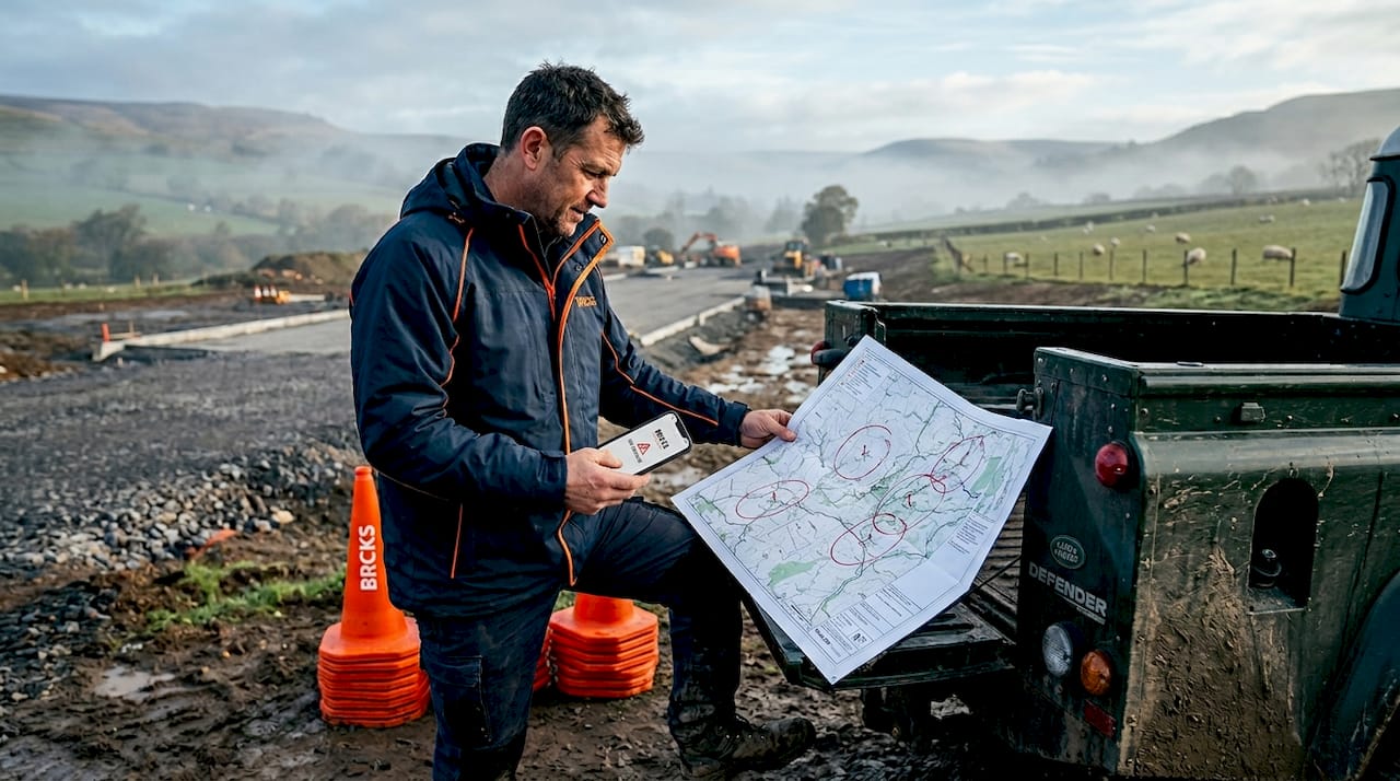 Site manager checks connectivity in rural area