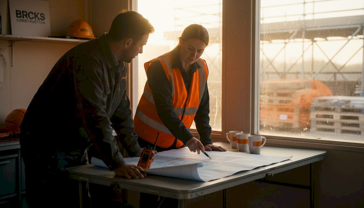 Construction team reviewing plans in site office