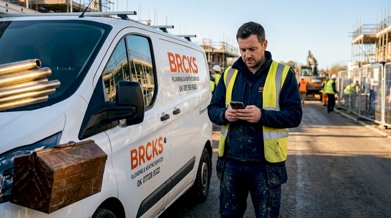 Plumber checking job schedule at construction site