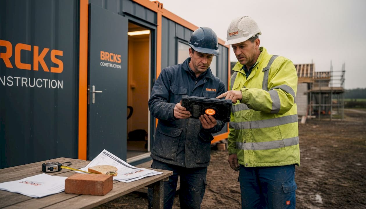 Construction crew sharing tablet at rural site