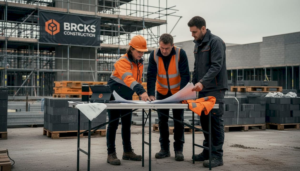 Construction workers examining blueprints onsite