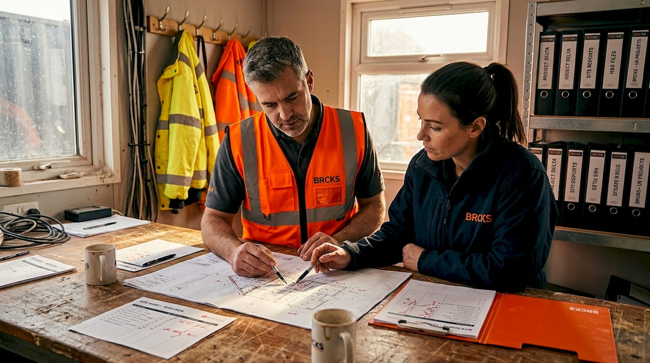 Construction project manager and foreman reviewing site plan
